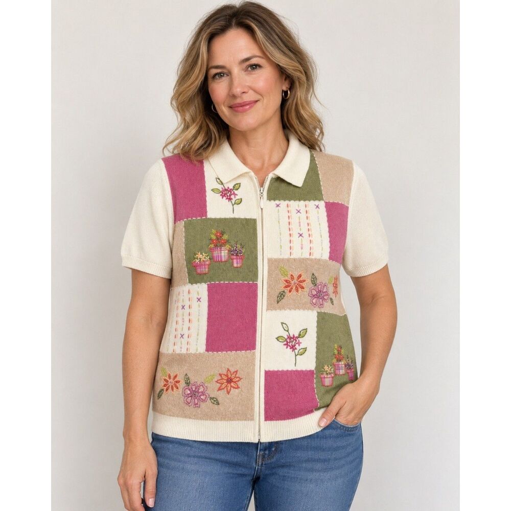 Vintage Alfred Dunner Patchwork Floral Embroidered Zip Sweater Top Ramie Cotton